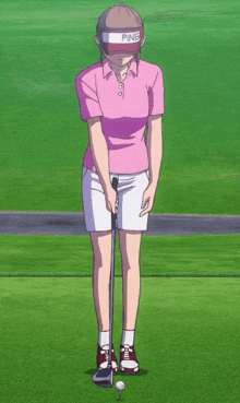a woman wearing a pink shirt and white shorts is holding a golf club
