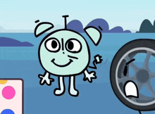 a cartoon drawing of a circle with a face and a wheel in the background