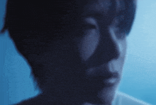 a close up of a man 's face in a dark room .
