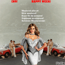 a woman in a white dress is standing in front of a couple of red cars with the words happy week written above her