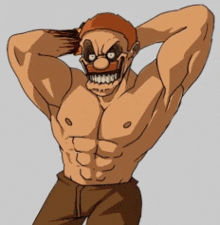 a cartoon drawing of a shirtless man with a skull on his face
