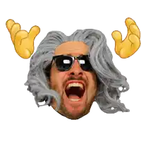 a man wearing sunglasses and a wig is screaming with his mouth open
