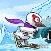 a cartoon of a bird wearing a scarf and snowshoes with the words curious crane below it
