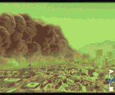 a pixelated image of a city with a mountain in the background and the letter m on the bottom right