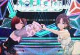 two anime girls are dancing in front of a sign that says noctcnt