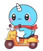 a blue unicorn is riding a yellow scooter with a red scarf around its neck