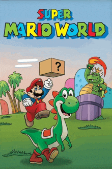 a poster for super mario world shows mario and yoshi on the cover