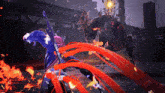 a person with a sword is fighting a monster with red swirls