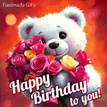 a white teddy bear is holding a bouquet of pink and yellow roses