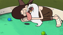 a cartoon character with a white beard is laying on the ground with his mouth open
