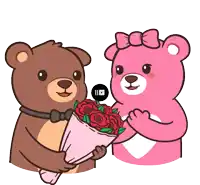 a brown teddy bear is giving a pink teddy bear a bouquet of red roses
