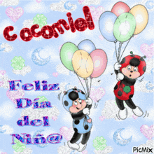a ladybug holding a bunch of balloons says cocomiel feliz dia del nino