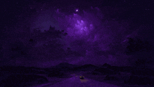a car is driving down a road with a purple sky