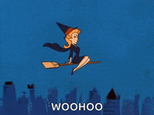 a cartoon of a witch flying on a broom with the words woohoo below her .