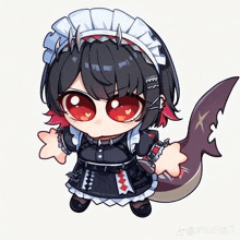 a girl in a maid costume with a shark tail is standing next to a shark .