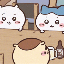 a cartoon drawing of two cats sitting at a table with a mug and a bottle with the letter d on it