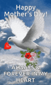 a happy mother 's day card with a white dove holding a heart