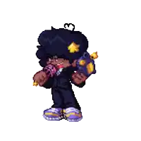 a pixel art of a boy in a suit holding a gun and a microphone .