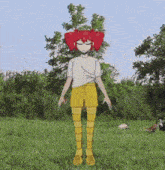 a girl with red hair and yellow shorts is standing in a field .