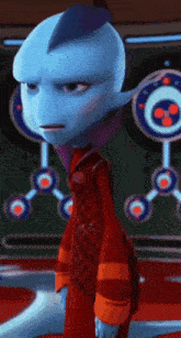 a cartoon character with a blue head and purple ears is standing in front of a green wall .