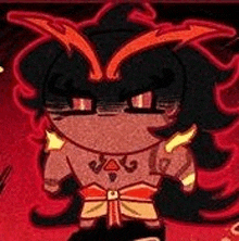 a cartoon character with horns and a bow is standing in a dark room .