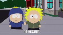 two south park characters standing next to each other with nerosault written on the bottom right
