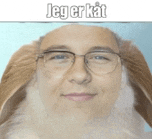 a man wearing glasses and bunny ears has the words jeg er kat above his head