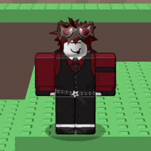 a roblox character is wearing a red vest and black pants