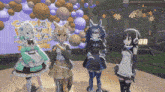 a group of anime characters standing in front of a coyote 's well party sign