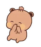 a brown teddy bear with a bun on its head is covering its mouth with its hands