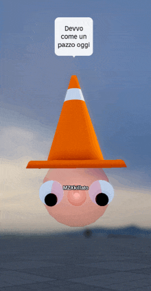 a cartoon character with a traffic cone on his head and a speech bubble that says " devo come un pazzo oggi "