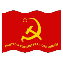 a red flag with a hammer and sickle and the words partido comunista portugues on it