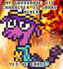 a pixel art of a character that says my favourite uty character is snake miner
