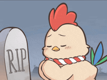 a cartoon chicken sitting in front of a gravestone that says rip