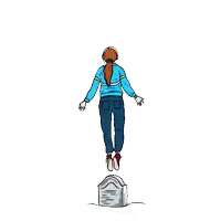 a cartoon drawing of a woman jumping over a grave