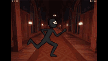 a cartoon character is running down a hallway in a dark room .