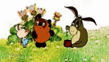 winnie the pooh , piglet , and donkey are standing in a field .