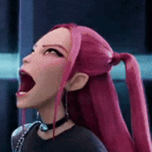 a cartoon girl with pink hair and a choker is screaming .