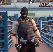a man wearing a mask and gloves in a store with a state survival logo