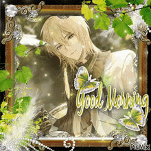 a picture of a man holding a cup of tea with the words good morning written on it