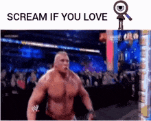 a man without a shirt is standing in front of a crowd and screaming .