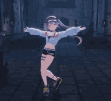 a girl with purple hair is dancing in a dark room with her arms outstretched