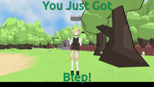 a cartoon of a boy standing in a field with the words you just got blep below him