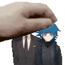 a pixel art of a man in a suit and tie and a girl with blue hair
