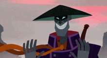a cartoon character wearing a hat and holding a stick