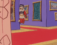 a cartoon character is standing in front of a wall with paintings on it