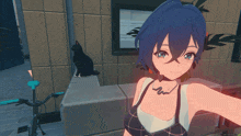 a girl with blue hair stands in front of a cat