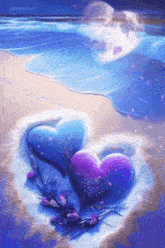 a painting of two purple hearts on a beach with flowers