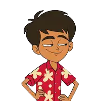 a cartoon of a boy wearing a red shirt with flowers on it