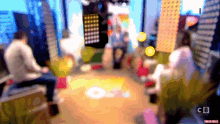 a blurry picture of people sitting in a room with the letters c8 in the corner